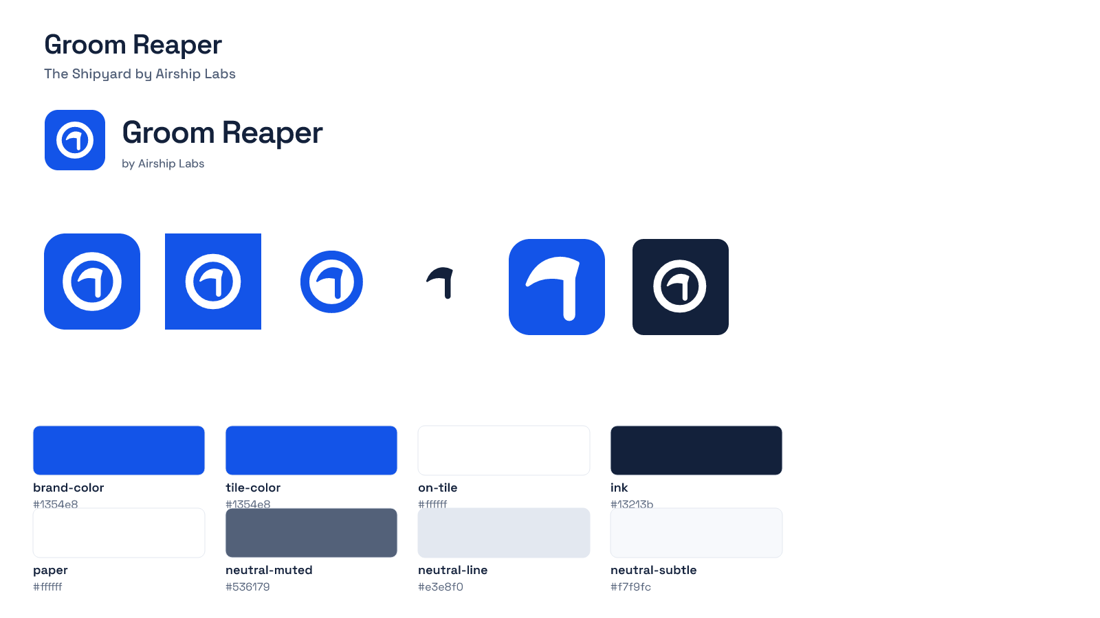 Overview of the Groom Reaper brand kit: the endorsed lockup, app icon, avatar, ring, scythe, and color palette.